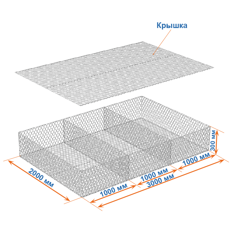 Габион матрац ГСИ-М 3х2х0,3 оцинкованный,ЦП, Ø проволоки 2,4/3,4 мм, размер ячейки 6х8 см фото